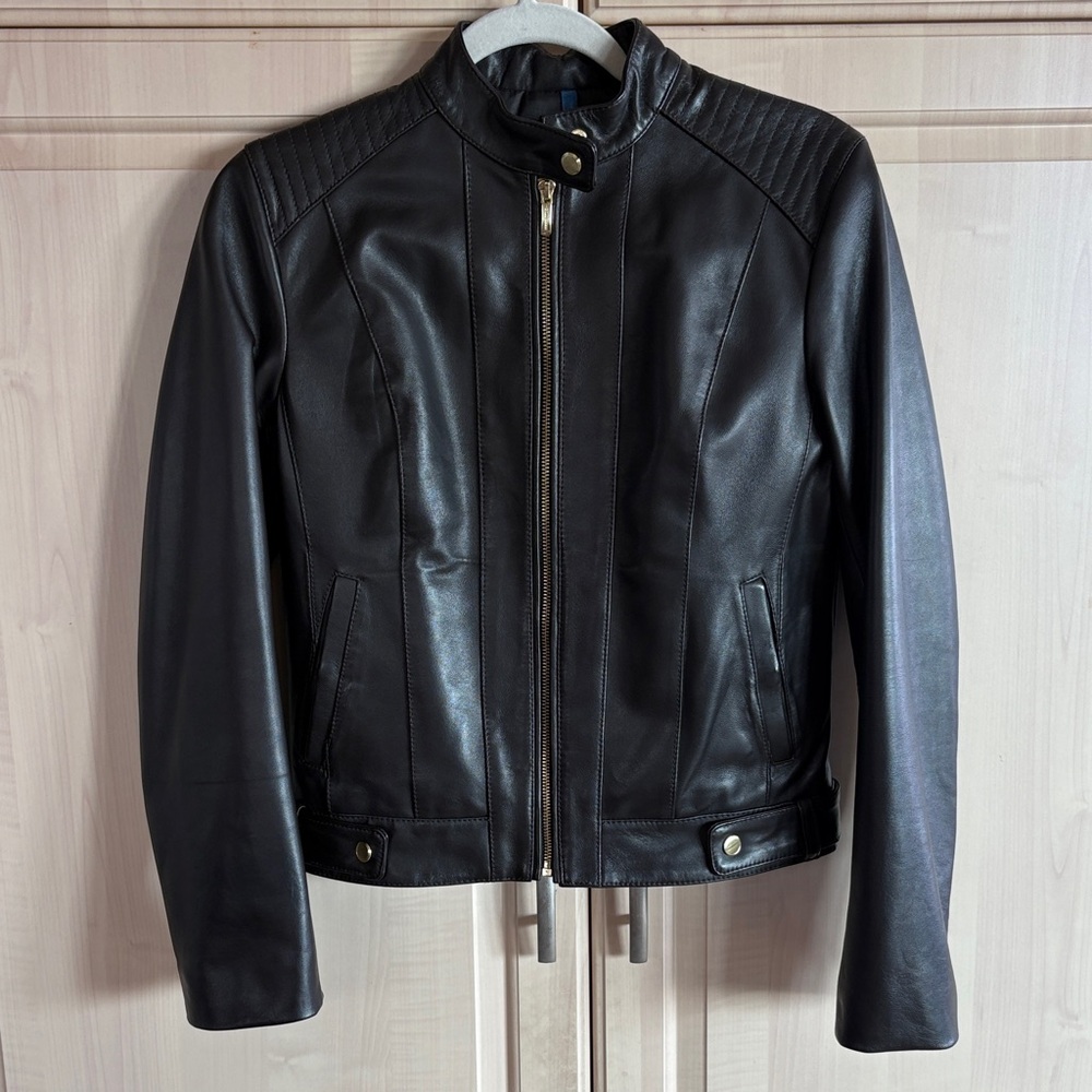 Beautiful Cole Haan Chocolate Brown Leather Jacket with Quilted Shoulders NWOT